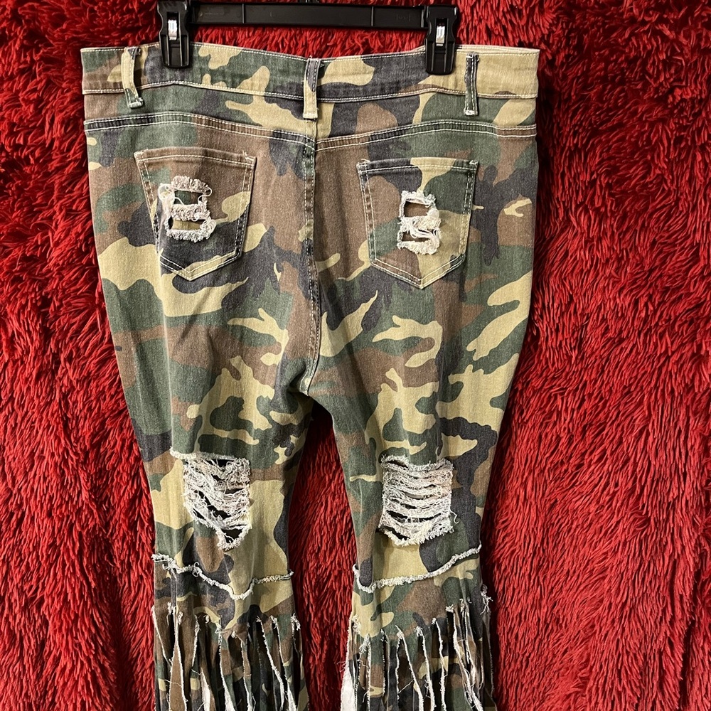 Camouflage flare leg funky fresh jeans.